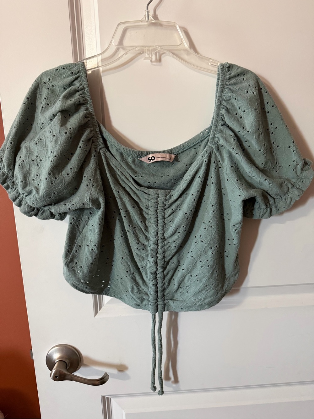 SO Sage Green Eyelet Ruched Front Puff Sleeve Crop Top